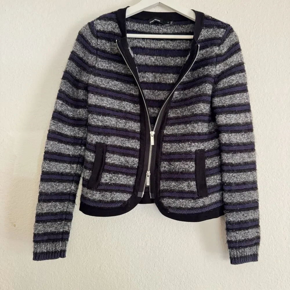 Karen Millen Cardigan Sz 4 Gray Black Blue Striped Cotton Mohair Blend Zip Pocke
